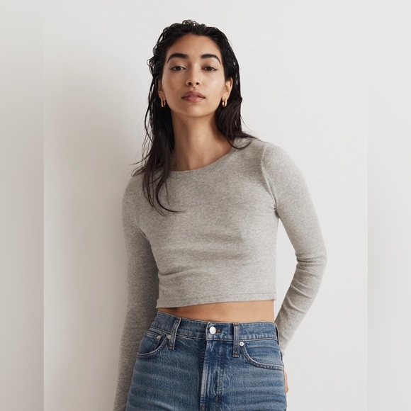 Madewell Fine Ribbed Supercrop Crewneck Long-Sleeve Tee Heathered Gray - Picture 1 of 11